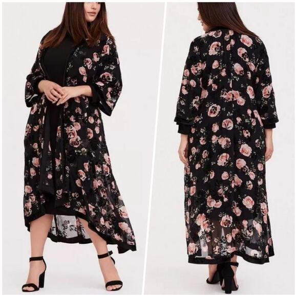 Torrid | Women | Floral Rose Long Line Velvet Trim Sheer Chiffon Kimono | Sz 1-2 - Picture 12 of 13